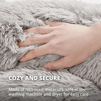Friends Forever Luna Donut Cat Bed Cave, Soft Faux Fur Hooded Blanket Dog Couch For Indoor Pet, Fluffy Calming Plush Shag, Cozy Round Cushion, Machine Washable Cuddler, Self Warming, Grey