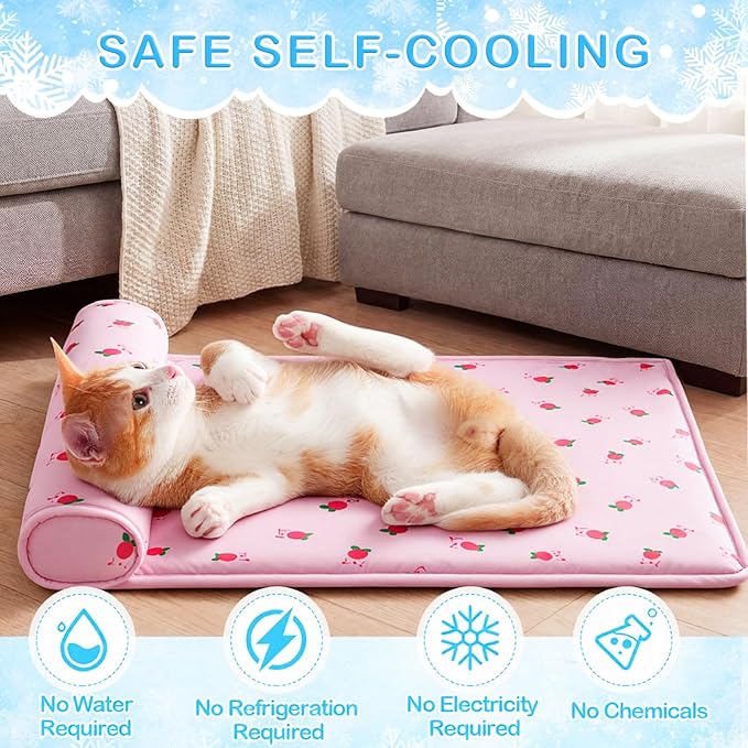 DoubleFill 4 Pack Cooling Dog Mats with Supportive Pillow 15.7" x 23.6" Self Cooling Dog Pads Ice Silk Washable Pet Cool Mat Summer Cat Sleeping Pad with Storage Bag for Crate Bed Floor (Small, Pink)