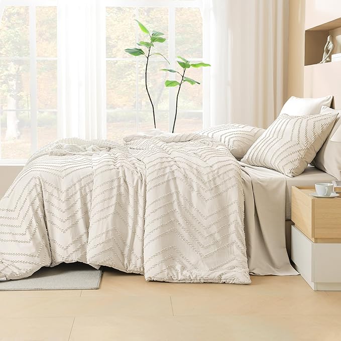 Litanika Oversized Queen Size Comforter Set with Sheets Beige - 7 Pieces Bed in a Bag Oversized King Boho Tufted Complete Bedding Sets with Comforter, Sheets, Pillowcases & Shams