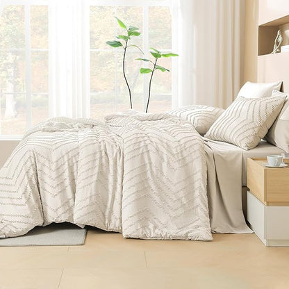 Litanika Super King Plus Size Comforter Set with Sheets Beige - 7 Pieces Bed in a Bag Oversized King Boho Tufted Complete Bedding Sets with Comforter, Sheets, Pillowcases & Shams