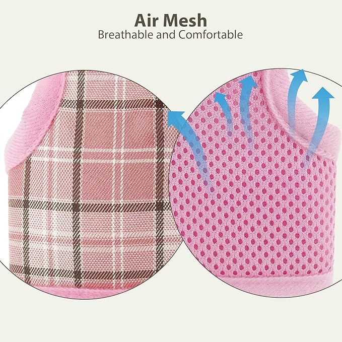 AIITLE Breathable Rabbit Harness and Leash Set - Plaid Pattern Padded Vest with Magic Tape Design, Dual D-Rings, Adjustable for Small Animal Pets, Indoor Outdoor Training Camping, Pink M