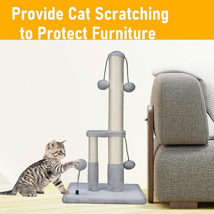 Dimaka Tall Cat Scratching Post, Double Lower Posts Extra Stable Cat Post Tree Scratcher with Sisal Rope and Teasing 4 Balls Total Large Base (Grey)