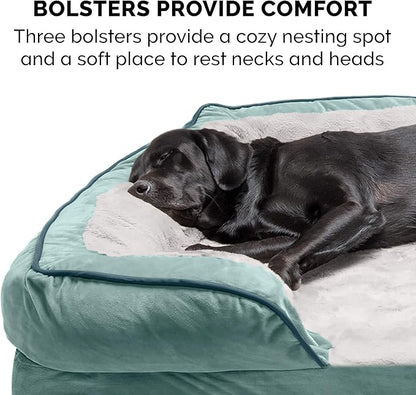 Furhaven Cooling Gel Dog Bed for Large/Medium Dogs w/ Removable Bolsters & Washable Cover, For Dogs Up to 55 lbs - Plush & Velvet Waves Perfect Comfort Sofa - Celadon Green, Large