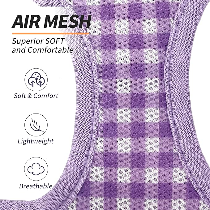 AIITLE Plaid Print Dog Harness Set – Lightweight, Reflective & Adjustable Vest Harness for Puppies – Perfect for Boston Terriers, Maltese & Indoor/Outdoor Use (XS, Purple)