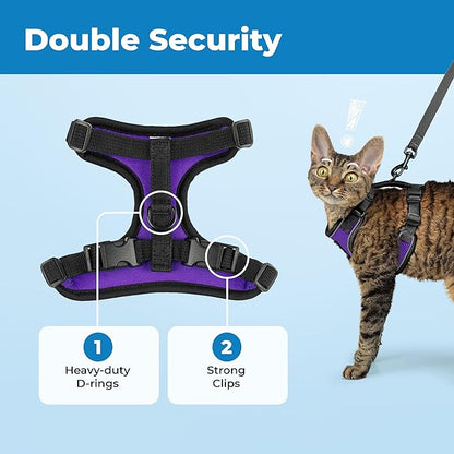 Voyager Escape-Proof Step-in Lock Cat Harness & 5ft Neoprene-Handle Leash Set All-Weather Mesh with Reflective Stitching for Small to Large Cats by Best Pet Supplies, Black Trim-Purple (327), S