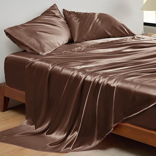 Bedsure Satin Sheets Full Size - 4 Piece Silky Bedsheets with 15 Inches Deep Pocket Fitted Bedsheet,1 Flat Sheet, 2 Satin Pillowcases, Good for Hair & Skin (Full, Coffee)