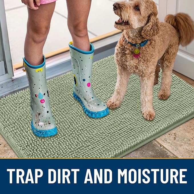 Smiry Dog Door Mat for Muddy Paws 24x16, Absorbs Moisture and Dirt Doormat, Non-Slip Washable Quick Dry Chenille Front Door Mat Indoor Entrance, Entryway Carpet for Inside Floor, Sage Green
