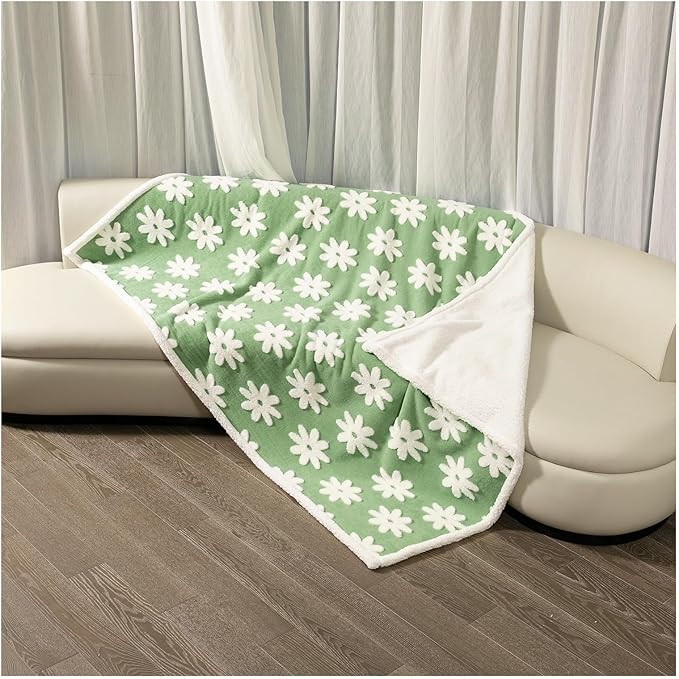 Waterproof Pet Blanket Green Stylish Jacquard Big Blankets for Dog Bed Couch Sharpa Fleece Mat Covers Puppy Cats Sofa Furniture Protection Washable Reversible Cover(Green Flower,XXL)