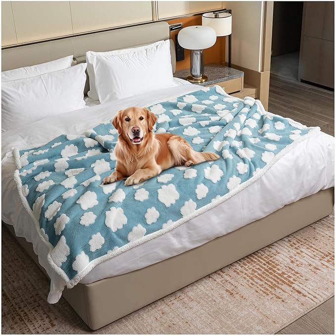 Waterproof Pet Blanket for Dogs,Blue Stylish Jacquard Pets Blankets for Cat 85x85in Bed Couch Covers Puppy Sharpa Fleece Cats Washable Reversible Furniture Protection (Blue Cloud,XXL)