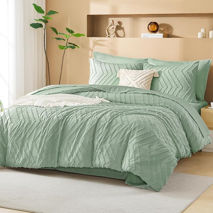 Litanika California King Comforter Set with Sheets Sage Green - 7 Pieces Bed in a Bag Cal King Boho Tufted Complete Bedding Sets with Comforter, Sheets, Pillowcases & Shams