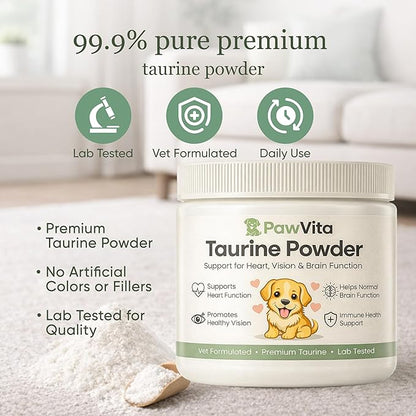 Pawvita Taurine Powder for Dogs, Pure Taurine Supplement, Supports Heart Health, Vision, Skin & Coat, Boosts Energy & Daily Wellness, Easy to Mix in Food, with Dosing Spoon, 200 Grams/ 7.05 oz
