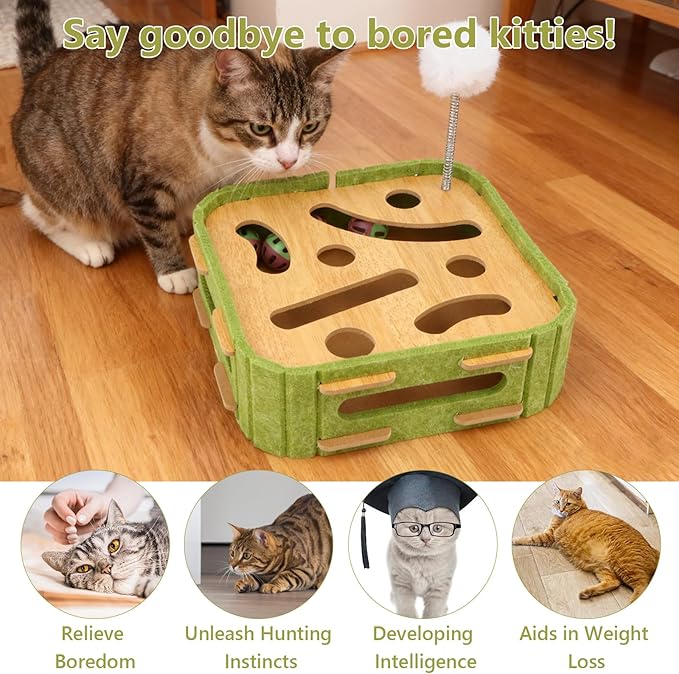 Hypeety Interactive Cat Scratch Puzzle Box Wooden Enrichment Toy Intelligence Treat Kitten Maze Puzzle Toy with Jingle Balls and Wands Mental Stimulation Games for Bored Indoor Cats