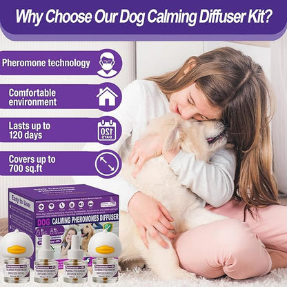 Dog Calming Pheromones Diffuser & 6 in 1 Kit Appeasing Dog Pheromone Diffuser to Calm (2 Plug in+4 x48ml Refill) Dog Calming Diffuser Anxiety Reduce Aggression Fighting Barking Stress 120 Day Supply
