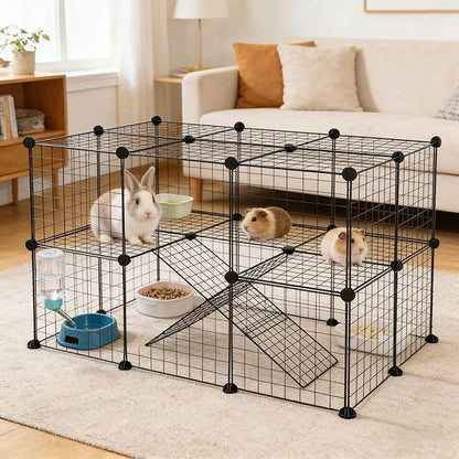 36 Panels Small Animals Playpen, Portable DIY Pet Playpen with Metal Enclosure Cage for Guinea Pig, Rabbit, Bunny, Chicken, Hedgehogs, Puppy, Hamster, Two-Story Playpen Indoor Outdoor