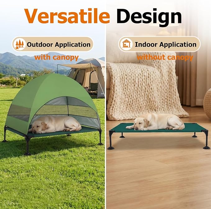 Elevated Dog Bed with UV-Proof Canopy, Outdoor Dog Tent with Powerful Adjustable Feet, Portable Pet Cot with Wider Shade, Raised Cooling Bed for Camping, Patio, Beach, Poolside