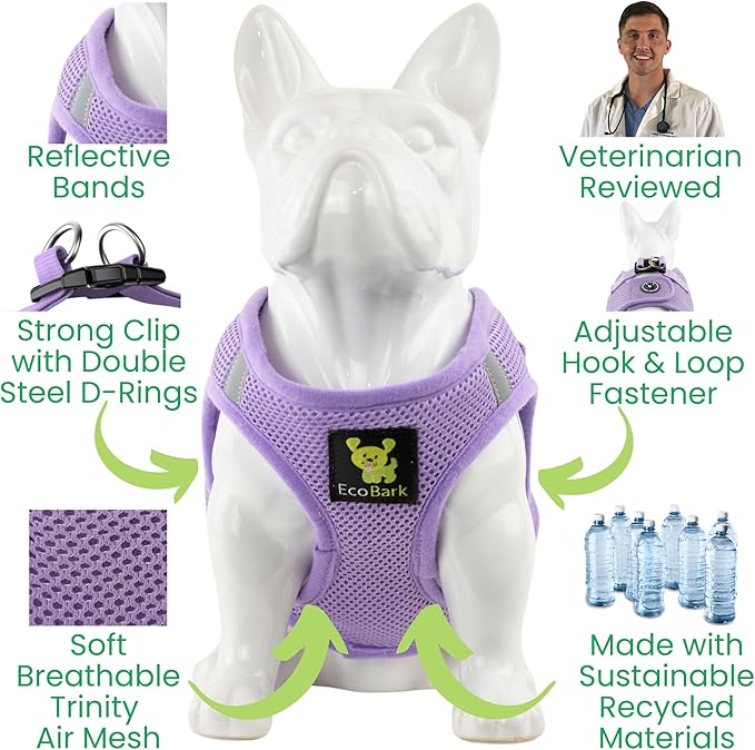 EcoBark Teacup Dog Harness - Step in Luxury Dog Harnesses for Teacup Breed Dogs - Reflective and Adjustable Mini Body Halter Vest -Tiny Soft Mesh Toy Breed Harness (Lavender, XXS)