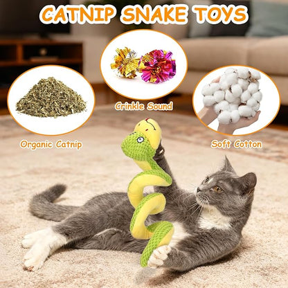Retro Shaw Interactive Indoor Cat Toys – 11" Realistic Snake with Silvervine & Catnip, Crinkle Sound & Spring-Loaded Design, Bite-Resistant Plush Kicker for Kitten Teething, Boredom Relief & Exercise