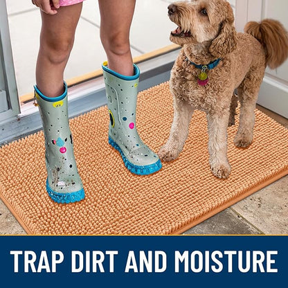 Smiry Dog Door Mat for Muddy Paws 47x24, Absorbs Moisture and Dirt Doormat, Non-Slip Washable Quick Dry Chenille Front Door Mat Indoor Entrance, Entryway Carpet for Inside Floor, Orange