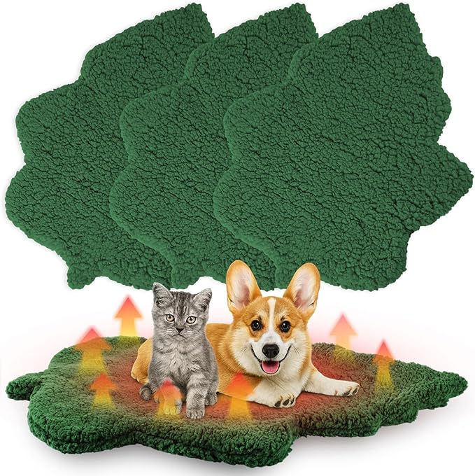 3 Pack Self Warming Pet Bed Leaf Shape Self Heating Cat Dog Mat Washable Thermal Sleeping Pad for Indoor Outdoor Hedgehog, Bunny, Sugar Glider, Rat, Chinchilla(Dark Green,Large-19 x29)