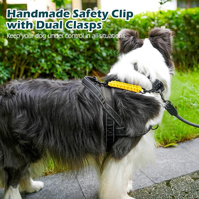 PetBonus Dog Collar Safety Clip, Handmade Backup Safety Strap for Dog Harness, Prong, Pinch Collar, Double Ended Clasp Leash Connector (Yellow)