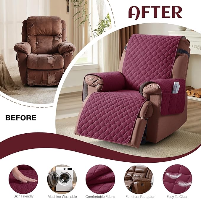 KinCam 100% Waterproof Recliner Chair Cover, Reclining Couch Covers for Pets, Dogs, Recliner Couch Slipcover Furniture Protector with Elastic Straps for Kids(30", Burgundy)