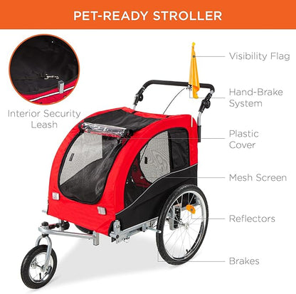 Best Choice Products 2-in-1 Dog Bike Trailer, Pet Stroller Bicycle Carrier w/Hitch, Suspension, Visibility Flag and Reflectors, 66lb Weight Capacity