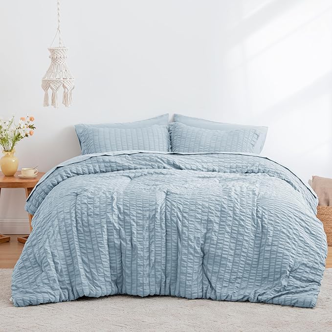 Love's cabin Seersucker Light Blue King Size Comforter Set, 7-Piece All Season Lightweight Bed in a Bag Bedding Set with Comforter, Flat Sheet, Fitted Sheet, Pillowcases and Shams | Soft, Breathable, Lightweight
