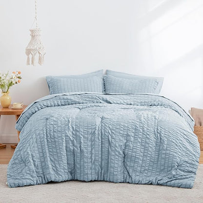 Love's cabin Seersucker Light Blue King Size Comforter Set, 7-Piece All Season Lightweight Bed in a Bag Bedding Set with Comforter, Flat Sheet, Fitted Sheet, Pillowcases and Shams | Soft, Breathable, Lightweight