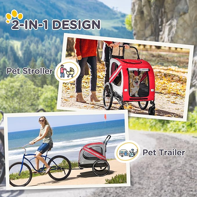 Aosom 2-in-1 Pet Bike Trailer for Small Medium Dogs, Road-Visibility Dog Stroller Bicycle Carrier, Weather-Strong Bike Wagon Trailer Sidecar Attachment