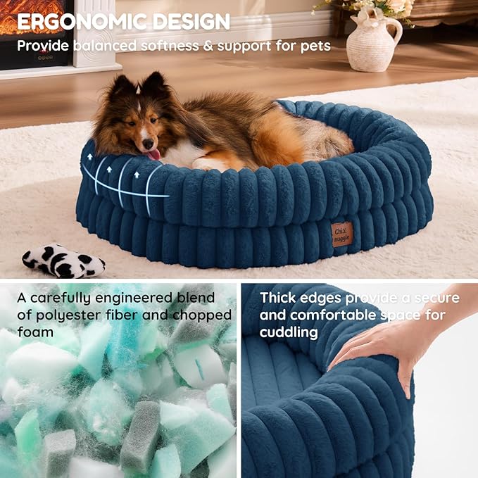ChiXnuggle Dog Bed Medium Sized Dog - Luxury Striped Faux Fur Waterproof Pet Couch with Removable Washable Cover, Orthopedic Pet Bed with Bolster Sides for Sleeping, Midnight Blue