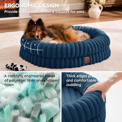 ChiXnuggle Dog Bed Medium Sized Dog - Luxury Striped Faux Fur Waterproof Pet Couch with Removable Washable Cover, Orthopedic Pet Bed with Bolster Sides for Sleeping, Midnight Blue