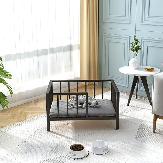 OSCHF Dog Bed with Rails - Elevated Pet Metal Bed Frame with Solid Wood Board and Washable Soft Mat for Small Dog Indoor or Outdoor Use, 21.3" x 30", Black