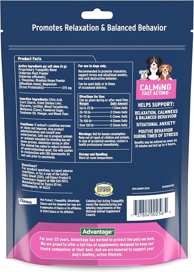 Pet Protect Fast-Acting Calming Supplement for Dogs, Vet-Formulated Tranquilify, Chicken-Flavored Soft Chews (60 Count)
