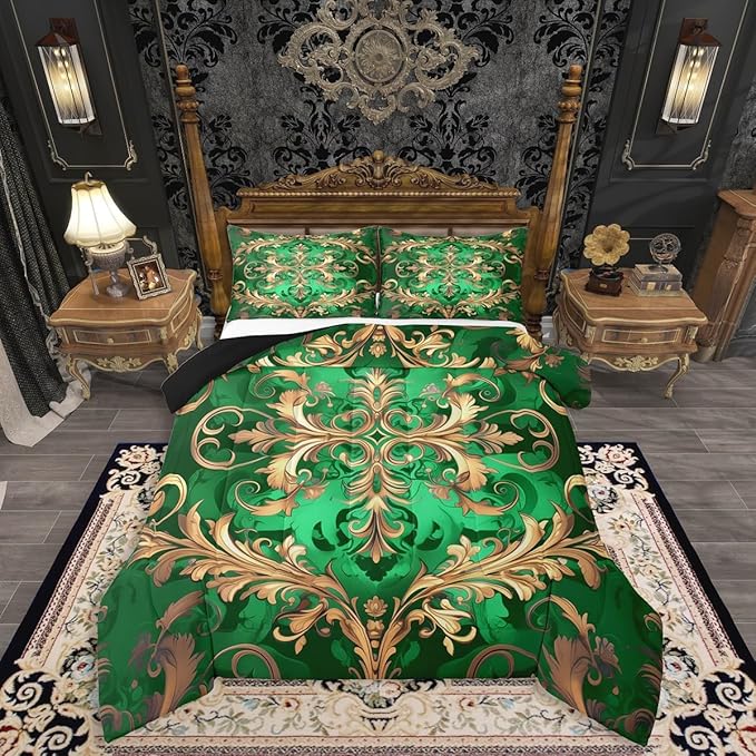 Erosebridal Golden Damask King Comforter Set, Vintage Florals Exotic Soft Bed Set for Kids Boys Girls, Aztec Boho Waterproof Paisley Duvet Insert for Bedroom, Bohemian Retro Hippie Down Comforter