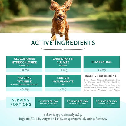 Dog Hip and Joint Support Supplement Soft Chews with Resveratrol, Glucosamine, Chondroitin, Hyaluronic Acid, Bacon Flavor, Small Breed