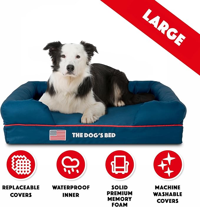 The Dog’s Bed Orthopedic Memory Foam Dog Bed with Bolsters for Large Dogs, High Density Support Mattress, Low Front Entry, Removable Washable Cover, Oxford Fabric, Blue with Dark Red Trim, Large