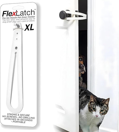 FlexLatch Cat Door Holder Latch - Extra Large Cat Door Alternative Installs Fast Flex Latch Strap Let's Cats in and Keeps Dogs Out of Litter & Food. Safe Baby Proof One Piece No Measuring Extra Easy