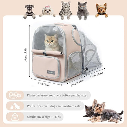 Cat Backpack Carrier Expandable, Breathable Mesh & Lockable Zippers & Shaded Curtains & Multi-Entry, Pet Backpack for Kitty Puppy Small Dogs Up to 18lbs for Travel, Hiking, Car, Vet(Khaki)
