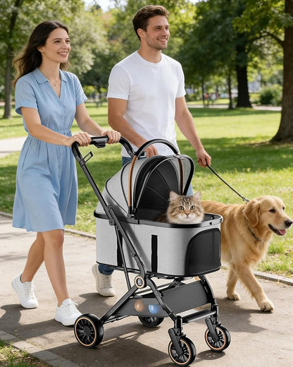 GTPLAYER Pet Stroller with Matching Stroller Mat Set, for Small Dogs and Cats Up to 45 lb, Detachable Carrier, One-Hand Fold, Stroller: Grey, Mat: Grey