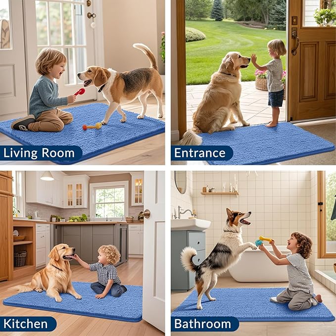 Smiry Dog Door Mat for Muddy Paws 24x16, Absorbs Moisture and Dirt Doormat, Non-Slip Washable Quick Dry Chenille Front Door Mat Indoor Entrance, Entryway Carpet for Inside Floor, Cornflower Blue