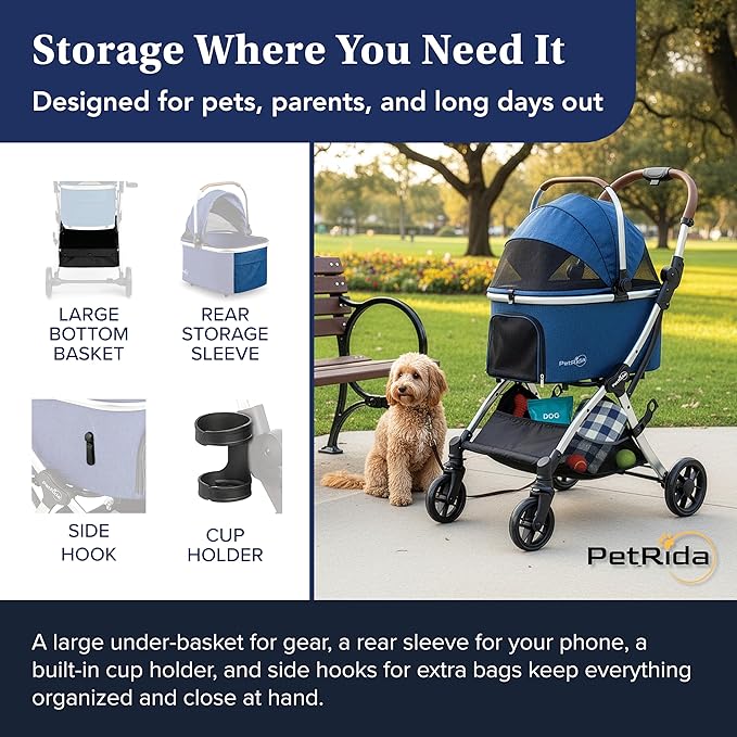 Luxury Pet Stroller with Detachable Carrier | Lightweight Design with Easy One-Hand Fold & Spacious Storage Basket | Safe & Comfortable Travel for a Small to Medium Dog or Cat, Blue