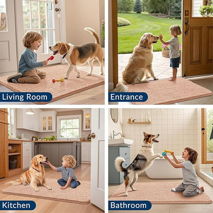 Smiry Dog Door Mat for Muddy Paws 59x24, Absorbs Moisture and Dirt Doormat, Non-Slip Washable Quick Dry Chenille Front Door Mat Indoor Entrance, Entryway Carpet for Inside Floor, Peach
