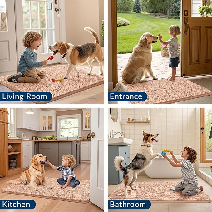 Smiry Dog Door Mat for Muddy Paws 36x24, Absorbs Moisture and Dirt Doormat, Non-Slip Washable Quick Dry Chenille Front Door Mat Indoor Entrance, Entryway Carpet for Inside Floor, Peach