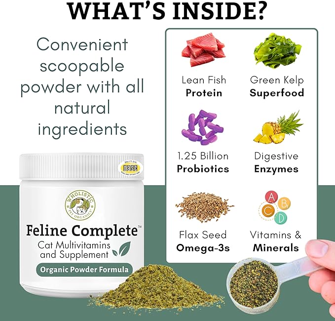 Wholistic Pet Organics Feline Complete - 8 Oz - Multivitamin & Probiotic Powder for Cats - Natural Cat Food & Digestive Support - 75 Scoops