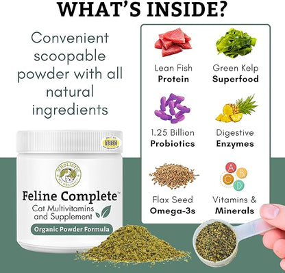 Wholistic Pet Organics Feline Complete - 8 Oz - Multivitamin & Probiotic Powder for Cats - Natural Cat Food & Digestive Support - 75 Scoops