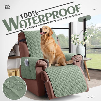 KinCam 100% Waterproof Recliner Chair Cover, Reclining Couch Covers for Pets, Dogs, Recliner Couch Slipcover Furniture Protector with Elastic Straps for Kids(23.6", Sage Green)