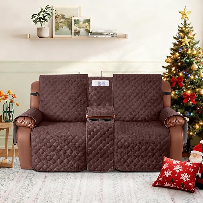 Ruaozz Waterproof Loveseat Recliner Cover with Console Non-Slip Reclining Couch Covers Split Sofa Slipcovers with Elastic Straps Furniture Protector for Kids, Dogs, Pets (Coffee, 2 Seater)