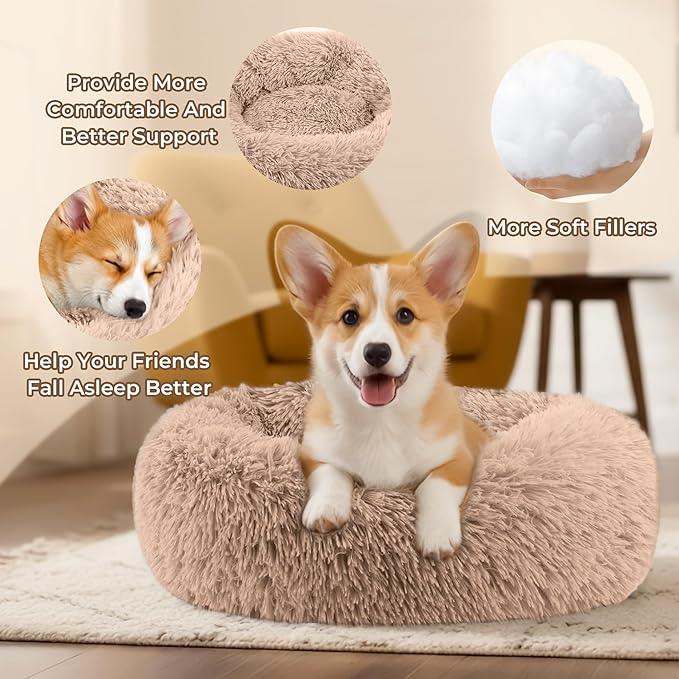Calming Anti-Anxiety Donuts Dog And Cat Bed, Round Fluffy Soft Washable Medium Pet Bed For Puppy & Kitten, Cuddler Warming Comfortable Cushion, Luxury Anti-Slip Waterproof Mute Base 24in (Camel)