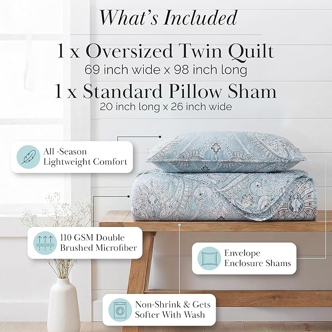 Southshore Fine Living, Inc. Twin XL Comforter Quilt Set, Dorm Bedding Essentials, Stain Resistant, Machine Washable Paisley Boho Bed Spread, Twin XL Quilt Bedspread Set w/Pillow Sham, Paisley Aqua