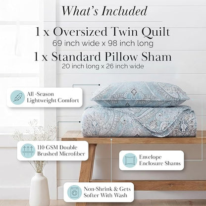 Southshore Fine Living, Inc. Twin XL Comforter Quilt Set, Dorm Bedding Essentials, Stain Resistant, Machine Washable Paisley Boho Bed Spread, Twin XL Quilt Bedspread Set w/Pillow Sham, Paisley Aqua